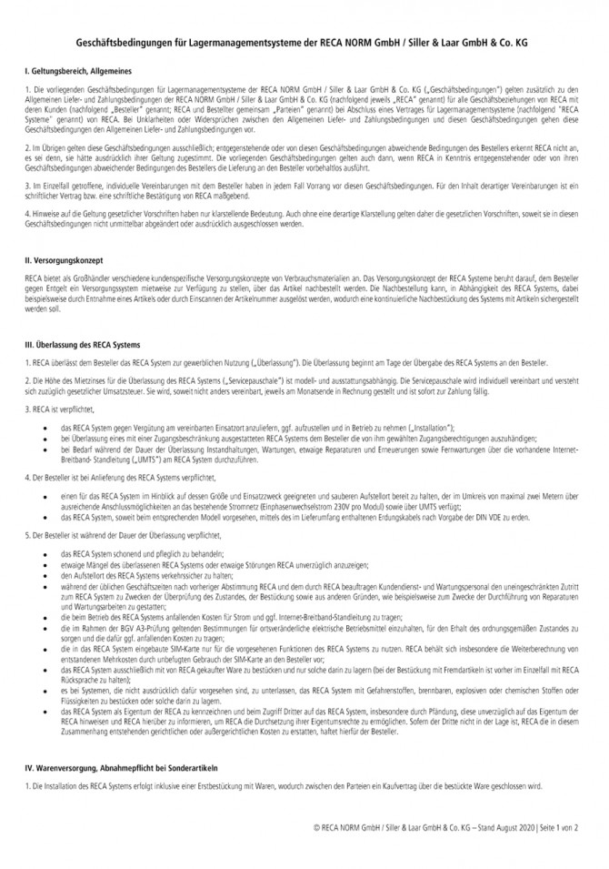 Terms and conditions of business for automated ordering systems